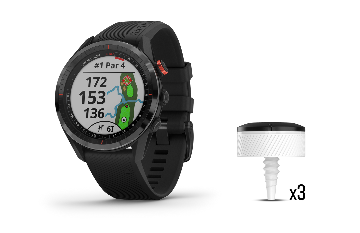 Garmin Approach S62 Bundle, reloj inteligente con GPS para golf y telémetro negro con sensores CT10 (010-02200-02)