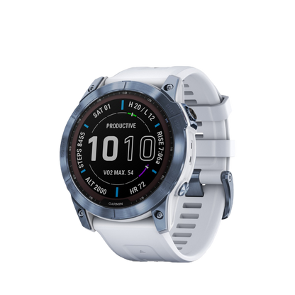 Garmin Fenix ​​7x Sapphire Solar - Titanio DLC azul mineral con correa de piedra blanca (010-02541-14)