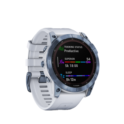 Garmin Fenix ​​7x Sapphire Solar - Titanio DLC azul mineral con correa de piedra blanca (010-02541-14)