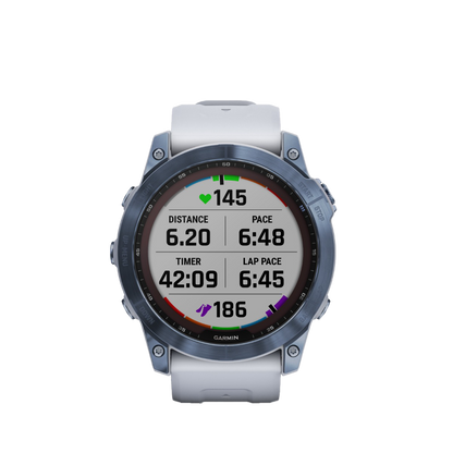 Garmin Fenix ​​7x Sapphire Solar - Titanio DLC azul mineral con correa de piedra blanca (010-02541-14)