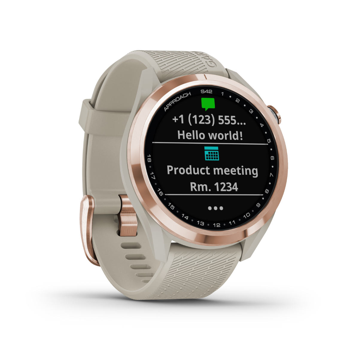 Garmin Approach S42, oro rosa con correa color arena claro, reloj inteligente con GPS para golf y telémetro (010-02572-12)