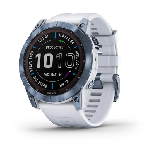 Garmin Fēnix 7X, edición solar de zafiro, titanio azul mineral con correa de piedra blanca (reacondicionado certificado por Garmin)