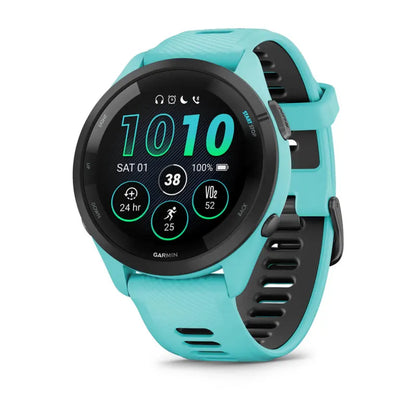 Garmin Forerunner 265, bisel negro de 46 mm con caja color aguamarina y correa de silicona color aguamarina y negro (010-02810-02)