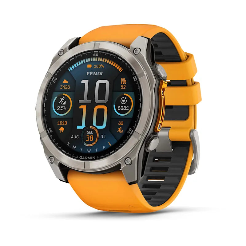 Garmin Fenix ​​8, 51 mm AMOLED Zafiro, Titanio con Correa de Silicona Naranja Brillante/Grafito (010-02905-10)