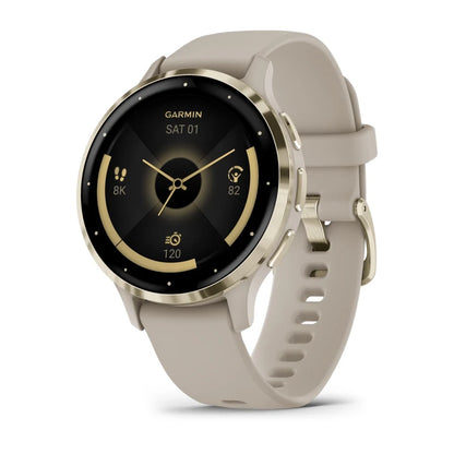 Garmin Venu 3S, bisel de acero inoxidable dorado suave de 41 mm con caja gris francesa y correa de silicona (010-02785-02)