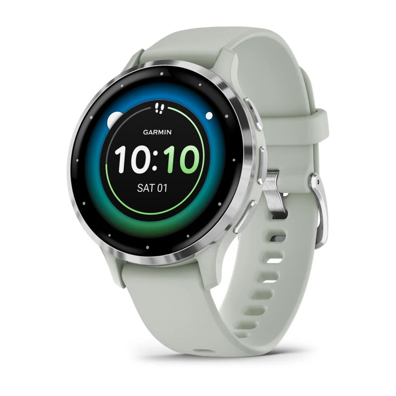 Garmin Venu 3S, bisel de acero inoxidable plateado de 41 mm con caja gris salvia y correa de silicona (010-02785-01)