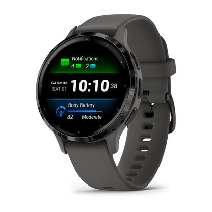 Garmin Venu 3S, bisel de acero inoxidable color pizarra de 41 mm con caja gris guijarro y correa de silicona (010-02785-00)