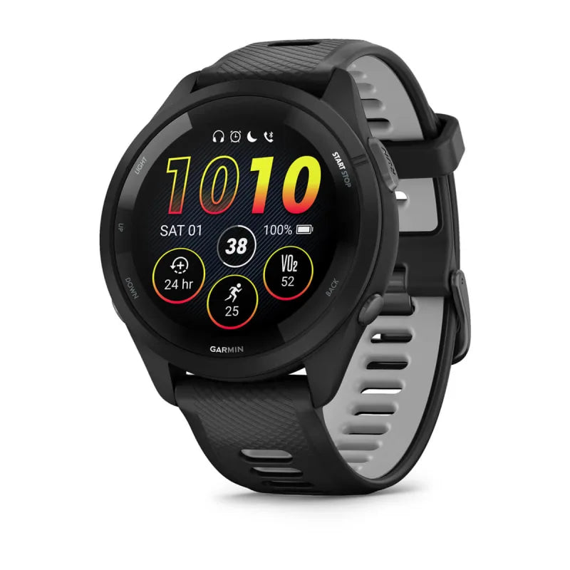 Garmin Forerunner 265, caja y bisel negros de 46 mm con correa de silicona negra/gris polvoriento (010-02810-00)