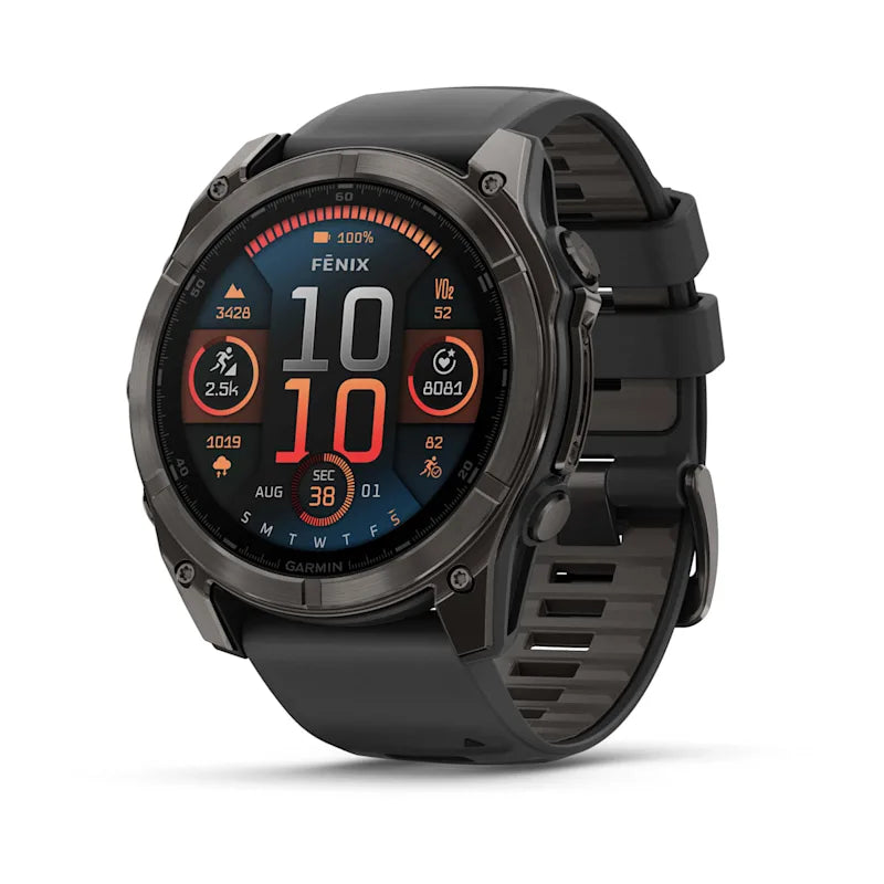 Garmin Fenix 8, 51 mm AMOLED Sapphire, Carbon Gray DLC Titanium with Black/Pebble Gray Silicone Band (010-02905-20)