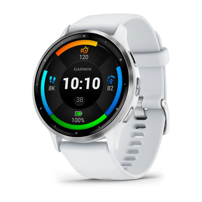 Garmin Venu 3, bisel de acero inoxidable plateado de 45 mm con caja de color blanco y correa de silicona (010-02784-00)