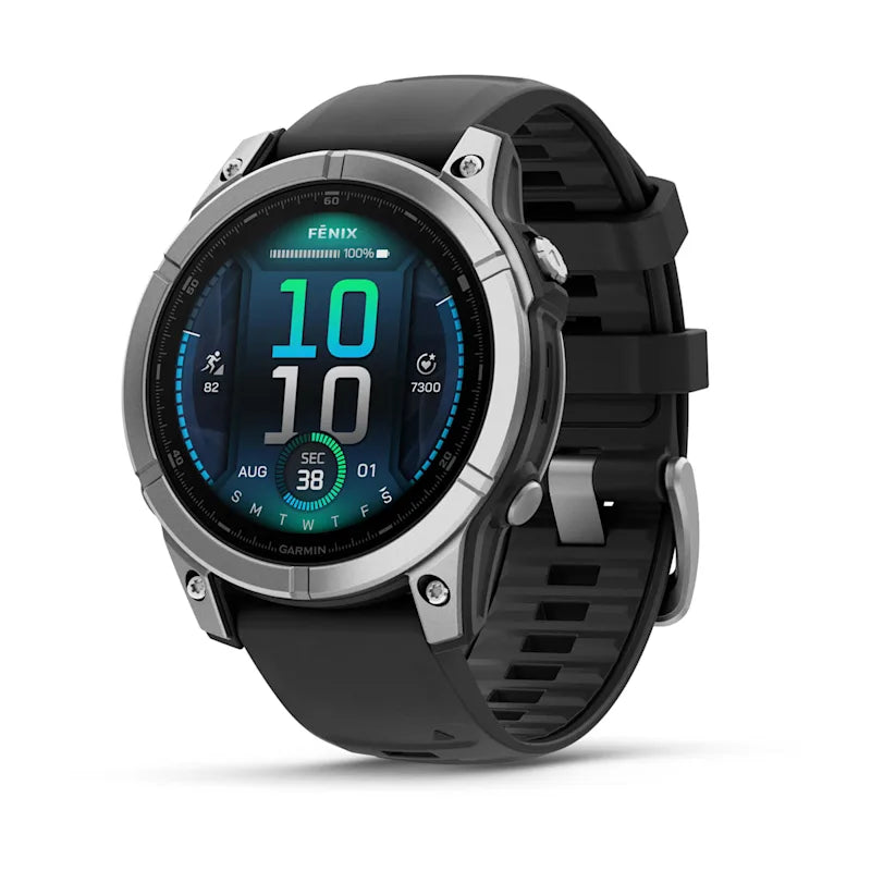 Garmin Fenix ​​E, 47 mm AMOLED, acero inoxidable con correa de silicona negra (010-03025-02)