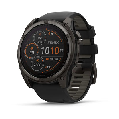 Garmin Fenix 8, 51 mm Solar Sapphire, Carbon Gray DLC Titanium with Black/Pebble Gray Silicone Band (010-02907-10)