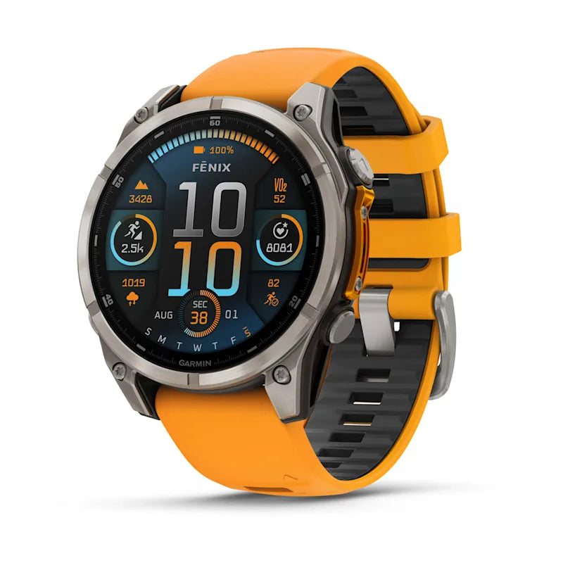 Garmin Fenix ​​8, 47 mm AMOLED Zafiro, Titanio con Correa de Silicona Naranja Brillante/Grafito (010-02904-10)