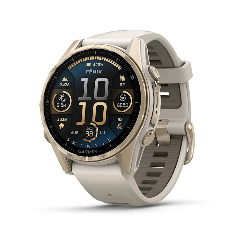 Garmin Fenix ​​8, 43 mm AMOLED Zafiro, Oro suave con correa de silicona gris niebla/arenisca oscura (010-02903-10)