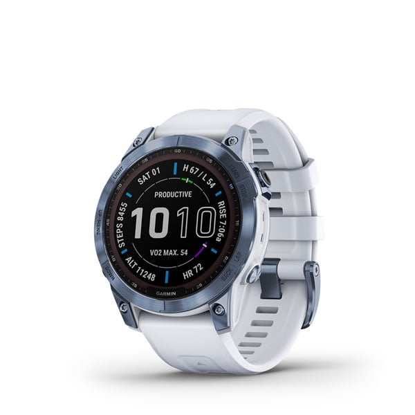 Garmin Fēnix 7 Sapphire Solar Sapph Solar Mineral Blue DLC Titanium con correa de piedra blanca (reacondicionado certificado por Garmin)