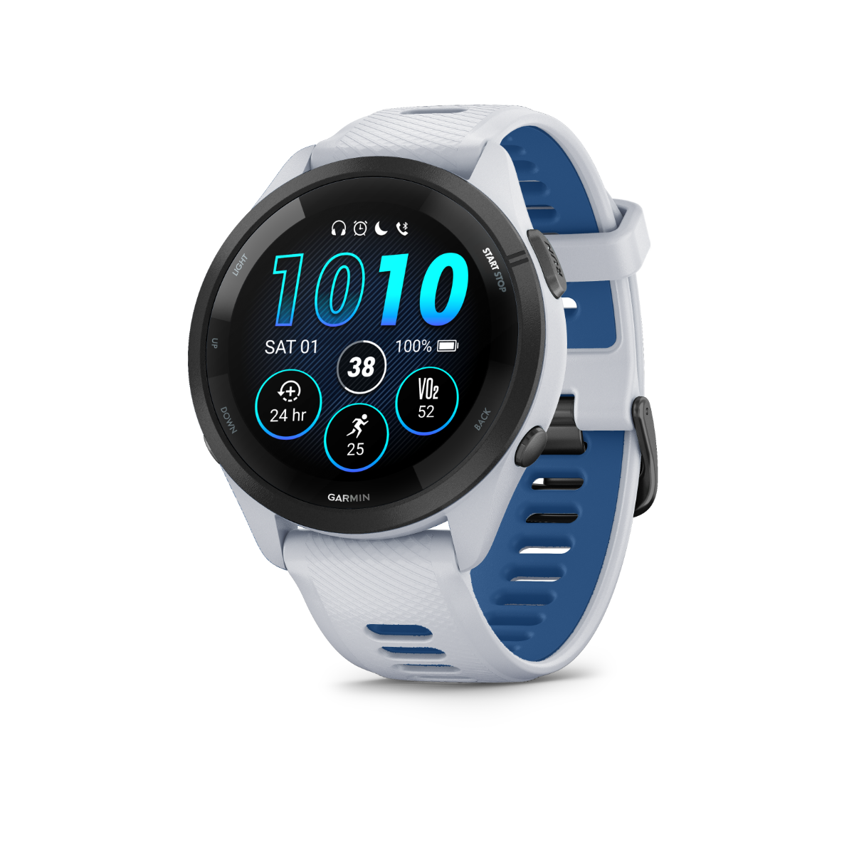 Garmin Forerunner 265, Black Bezel/White Case and White/Blue Band, Fitness GPS Smartwatch for Runners (010-02810-01)