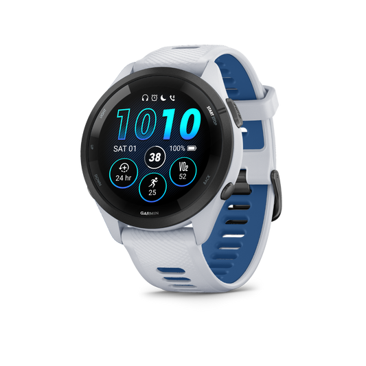 Garmin Forerunner 265, bisel negro, caja blanca y correa blanca y azul, reloj inteligente con GPS para corredores (010-02810-01)