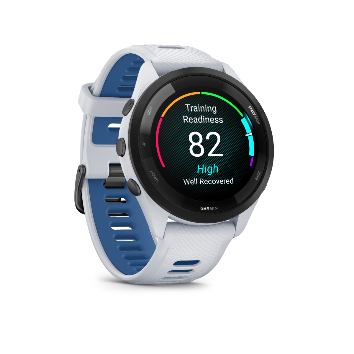 Garmin Forerunner 265, Black Bezel/White Case and White/Blue Band, Fitness GPS Smartwatch for Runners (010-02810-01)