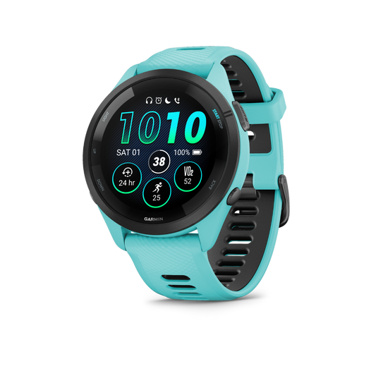 Garmin Forerunner 265, bisel negro/caja color aguamarina con correa color aguamarina/negra, reloj inteligente con GPS para corredores (010-02810-02)