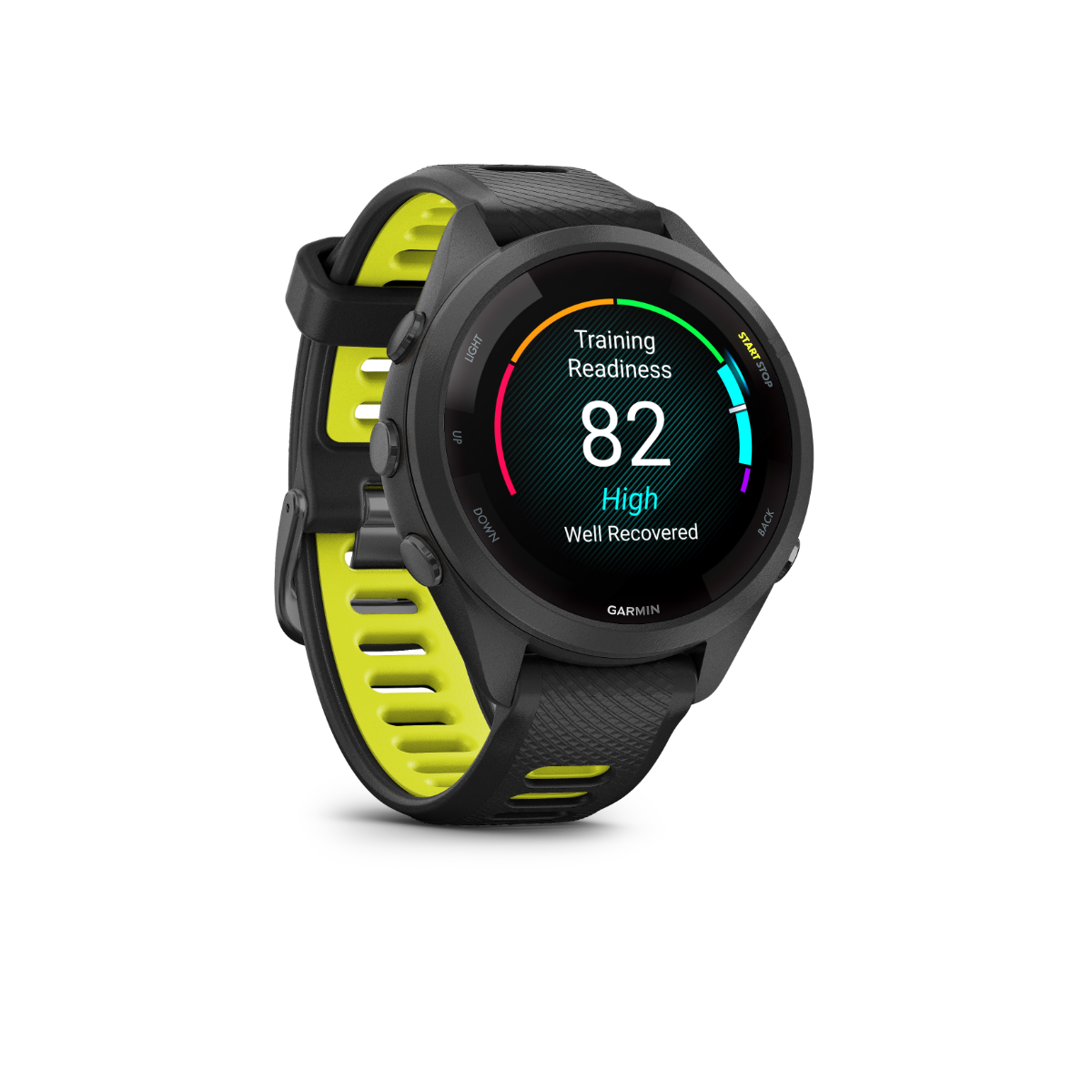 Garmin Forerunner 265S: bisel y caja negros con correa de silicona negra y amarilla 