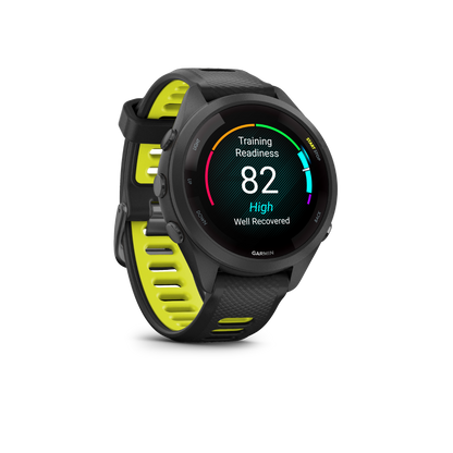 Garmin Forerunner 265S: bisel y caja negros con correa de silicona negra y amarilla 