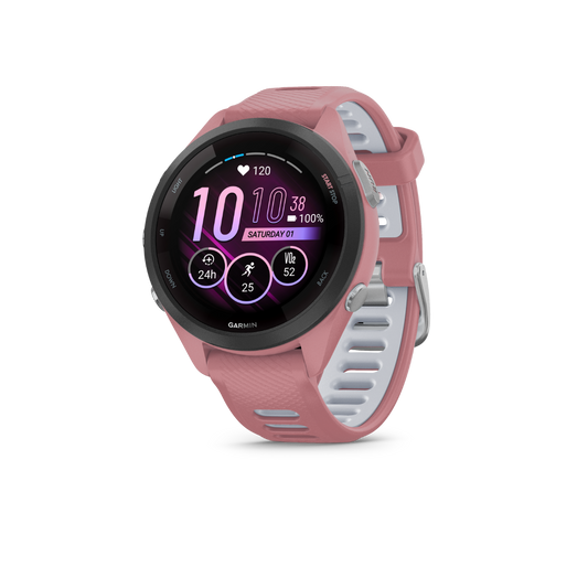 Garmin Forerunner 265S: bisel negro con caja rosa claro y correa de silicona rosa claro/blanco 