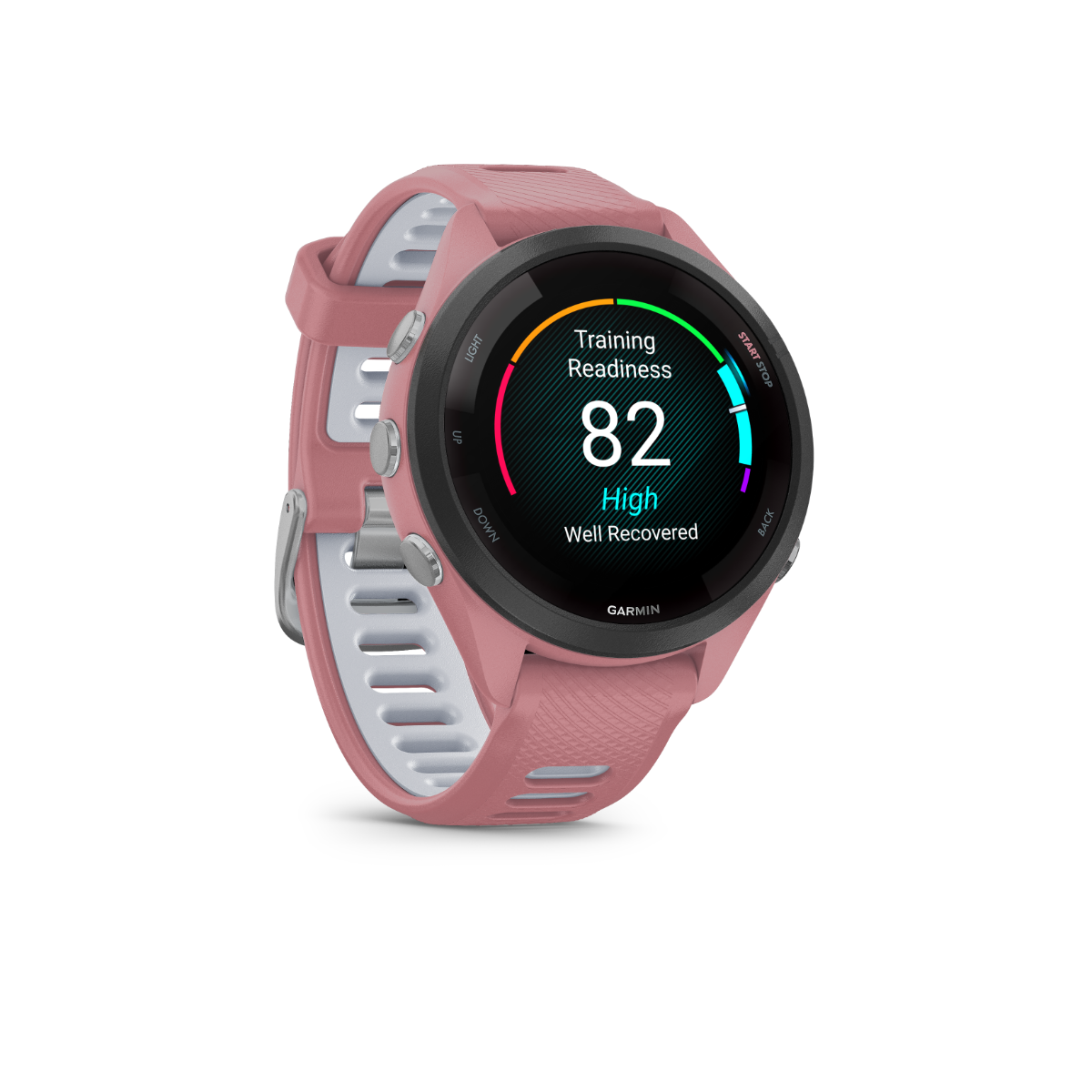 Garmin Forerunner 265S - Black Bezel with Light Pink Case and Light Pink/Whitestone Silicone Band