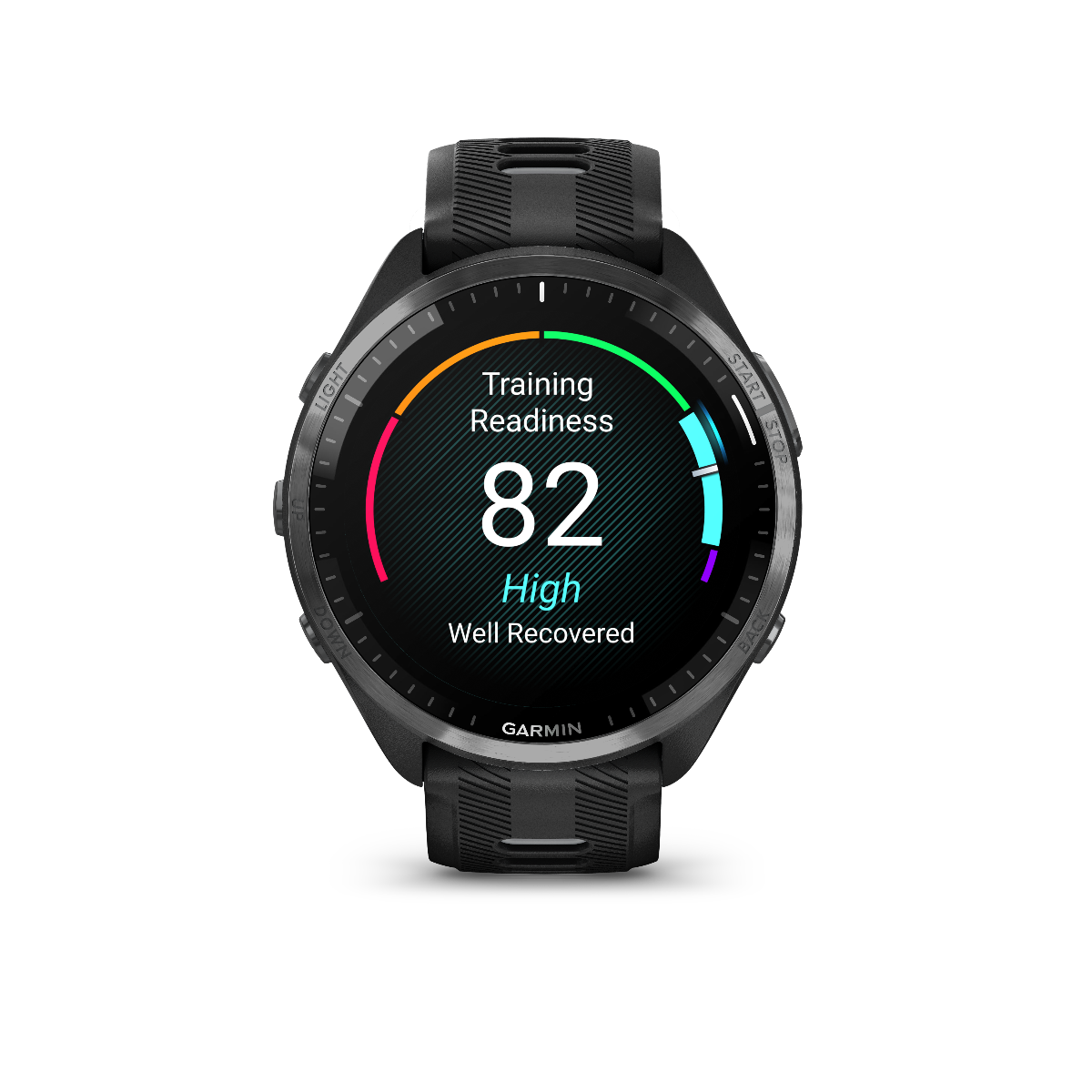 Garmin Forerunner 965, bisel de titanio DLC gris carbono con caja negra y correa de silicona negra/gris polvo 