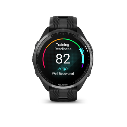 Garmin Forerunner 965, bisel de titanio DLC gris carbono con caja negra y correa de silicona negra/gris polvo 