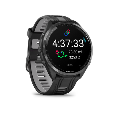 Garmin Forerunner 965, bisel de titanio DLC gris carbono con caja negra y correa de silicona negra/gris polvo 