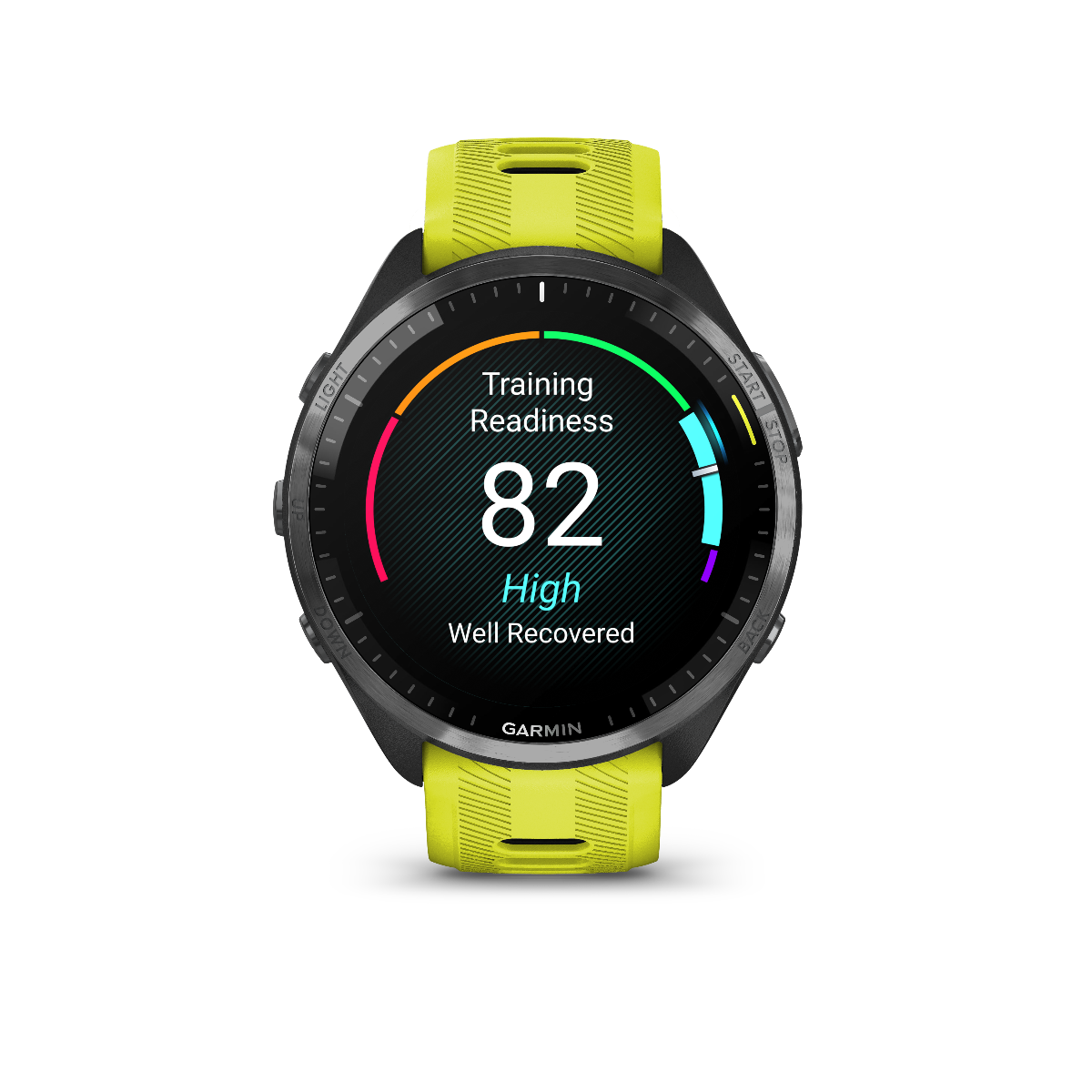 Garmin Forerunner 965 Carbon Gray DLC Bisel de titanio con caja negra y correa de silicona amarilla Amp/negra 