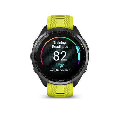 Garmin Forerunner 965 Carbon Gray DLC Bisel de titanio con caja negra y correa de silicona amarilla Amp/negra 