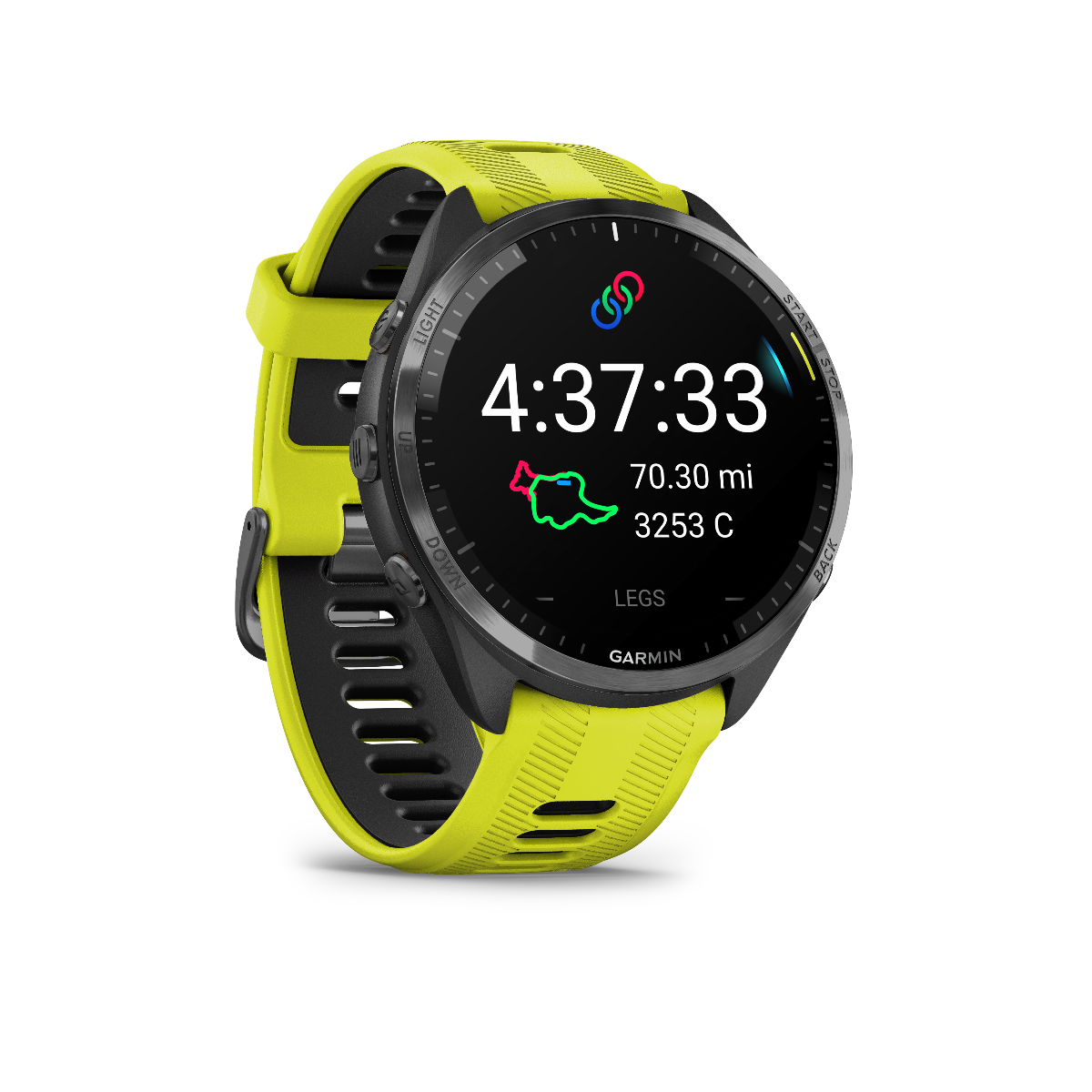 Garmin Forerunner 965 Carbon Gray DLC Bisel de titanio con caja negra y correa de silicona amarilla Amp/negra 