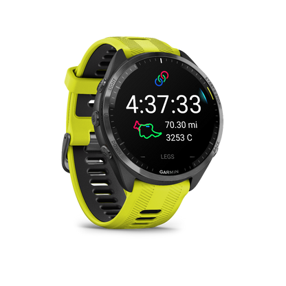 Garmin Forerunner 965 Carbon Gray DLC Bisel de titanio con caja negra y correa de silicona amarilla Amp/negra 