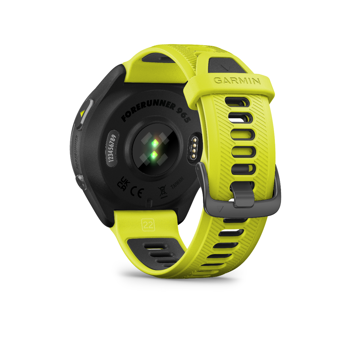 Garmin Forerunner 965 Carbon Gray DLC Bisel de titanio con caja negra y correa de silicona amarilla Amp/negra 