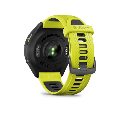 Garmin Forerunner 965 Carbon Gray DLC Bisel de titanio con caja negra y correa de silicona amarilla Amp/negra 