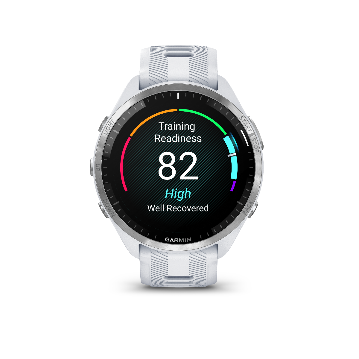 Garmin Forerunner 965 con bisel de titanio, caja de color blanco y correa de silicona de color blanco y gris polvo 