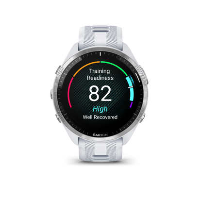 Garmin Forerunner 965 con bisel de titanio, caja de color blanco y correa de silicona de color blanco y gris polvo 