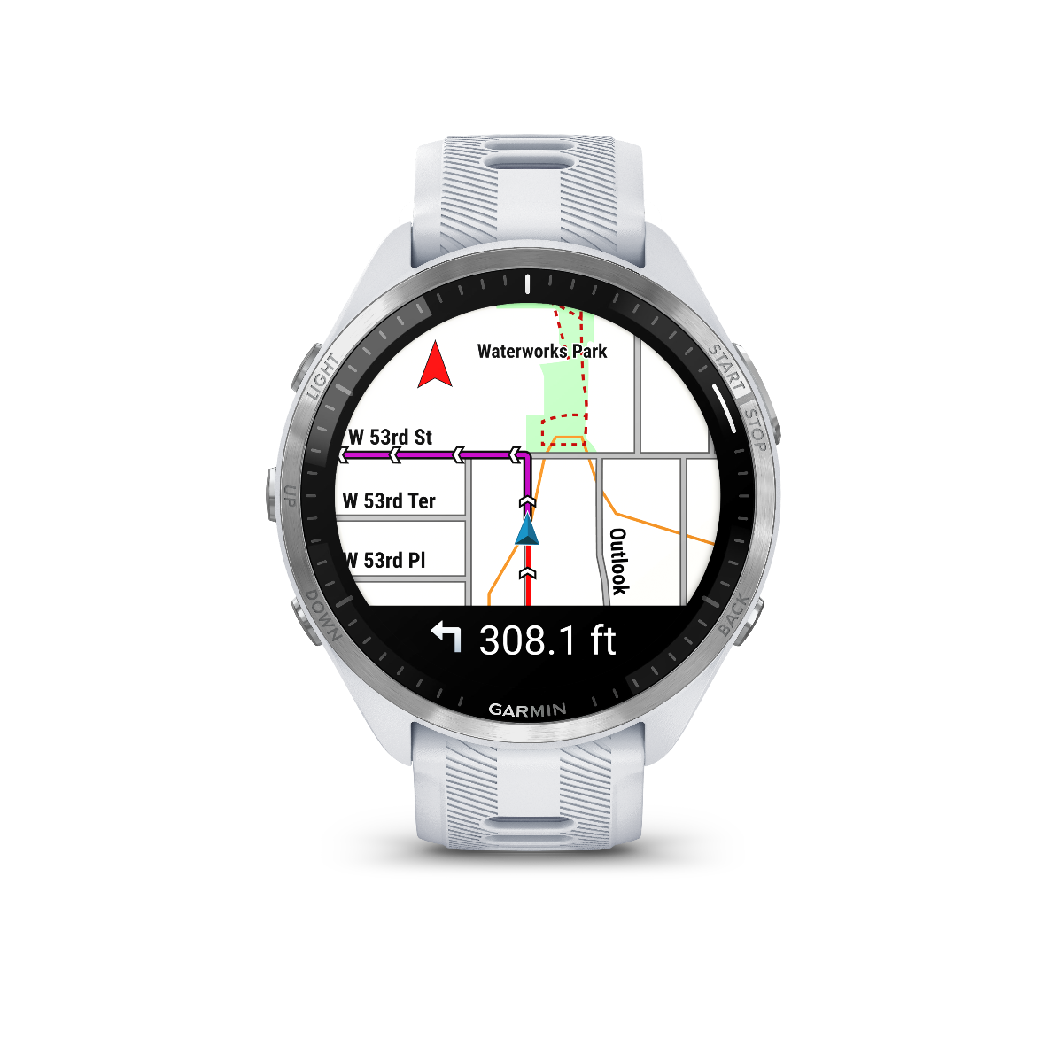 Garmin Forerunner 965 con bisel de titanio, caja de color blanco y correa de silicona de color blanco y gris polvo 