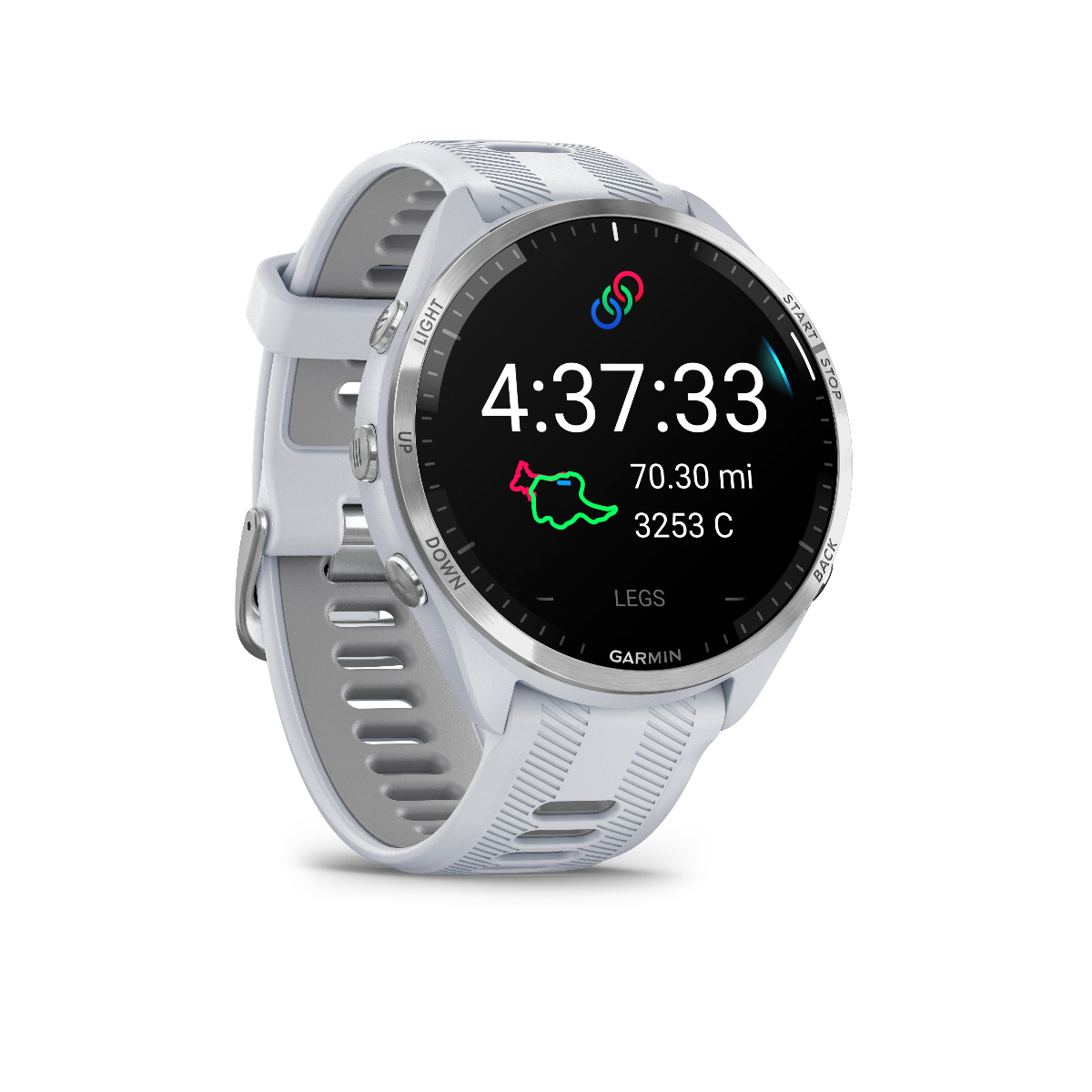 Garmin Forerunner 965 con bisel de titanio, caja de color blanco y correa de silicona de color blanco y gris polvo 