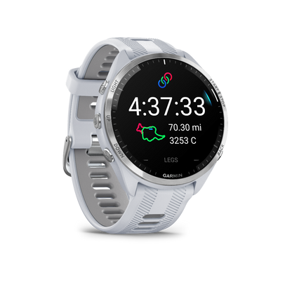 Garmin Forerunner 965 con bisel de titanio, caja de color blanco y correa de silicona de color blanco y gris polvo 