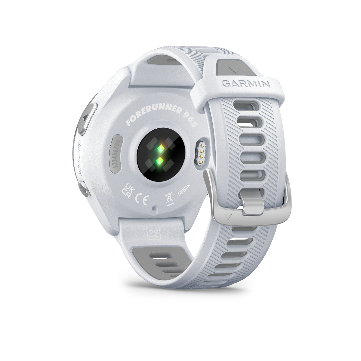 Garmin Forerunner 965 con bisel de titanio, caja de color blanco y correa de silicona de color blanco y gris polvo 