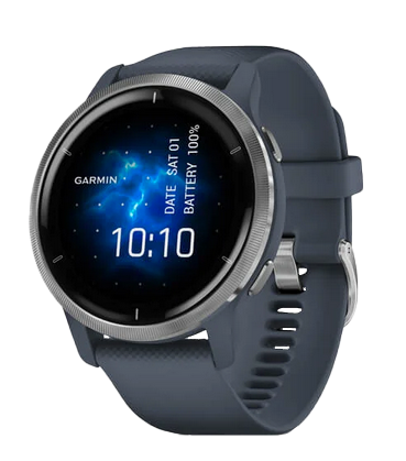 Reloj inteligente con GPS Gamin Venu 2, bisel plateado y caja azul granito (reacondicionado certificado por Garmin)