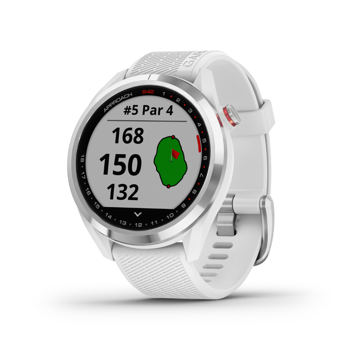 Garmin Approach S42, Silver with White Band, Golf GPS Smartwatch & Rangefinder (010-02572-11)