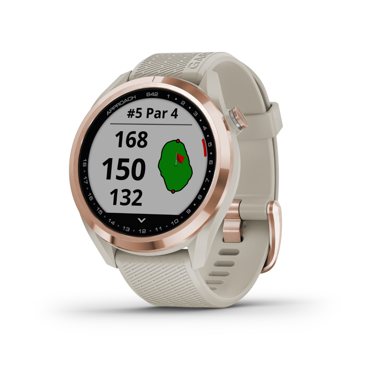 Garmin Approach S42, oro rosa con correa color arena claro, reloj inteligente con GPS para golf y telémetro (010-02572-12)