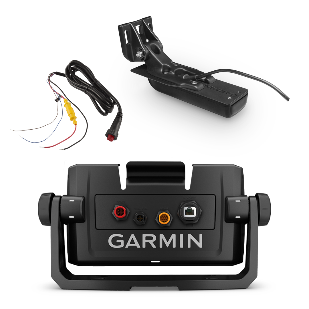 Kit para embarcaciones Garmin ECHOMAP UHD 6Xcv, incluye transductor GT24HW-TM, cable de alimentación y base (020-00200-20)