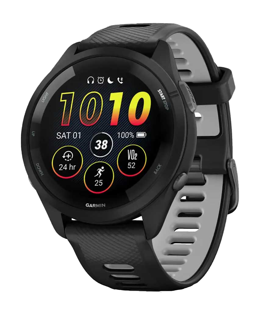 Garmin Forerunner 265, bisel y caja negros con correa negra y gris polvo, reloj inteligente con GPS para corredores (010-02810-00)