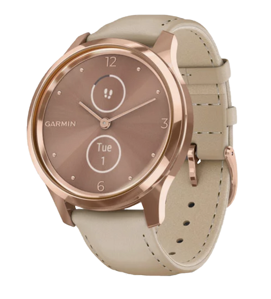 Garmin Vívomove Luxe - 18K Rose Gold PVD Stainless Steel Case with Light Sand Italian Leather Band (010-02241-01)