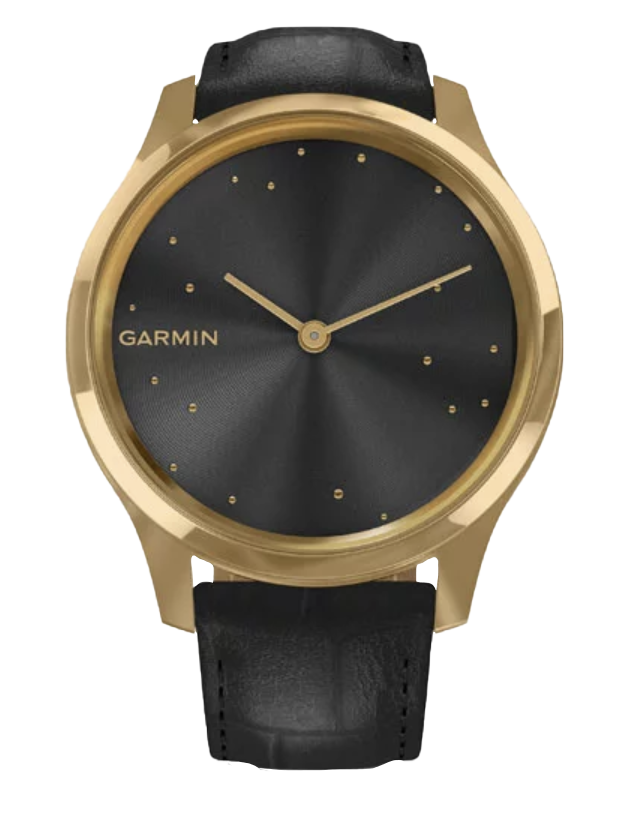 Garmin Vívomove Luxe - Caja de acero inoxidable con PVD en oro de 24 quilates y correa de piel italiana con relieve negro (010-02241-02)