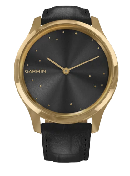 Garmin Vívomove Luxe - Caja de acero inoxidable con PVD en oro de 24 quilates y correa de piel italiana con relieve negro (010-02241-02)